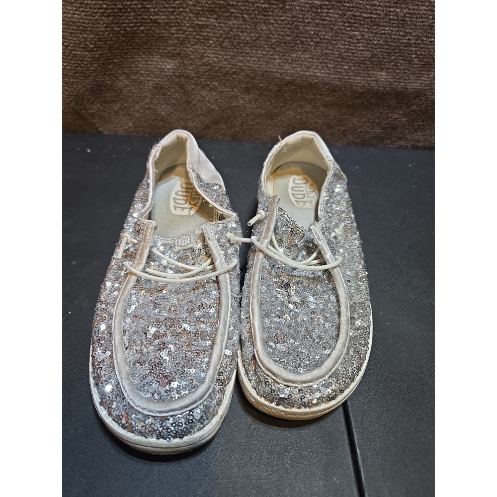 Hey Dude Wendy Sequin Silver Slip On Lace-up Women's Shoes Size US W7